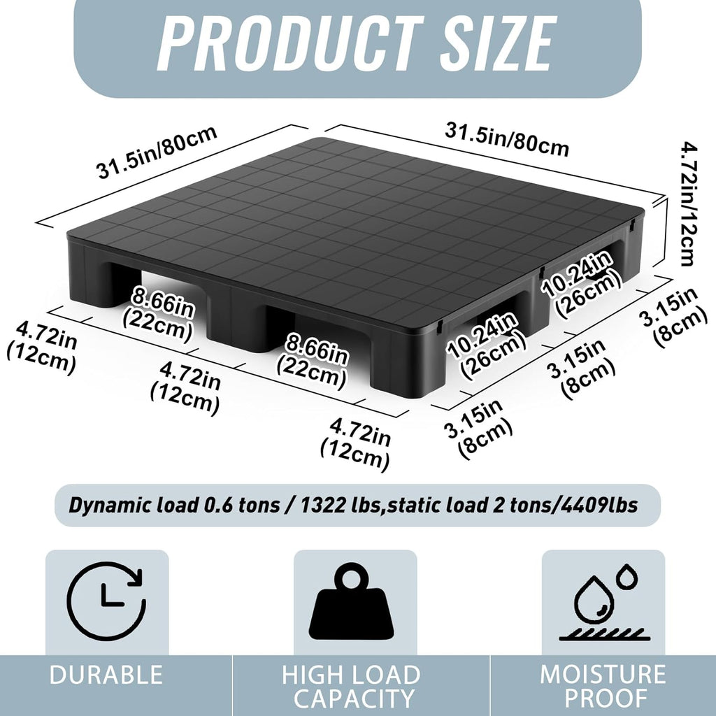 1 Pcs Plastic Pallet for Basement Storage Easy Stack Lightweight Floor Pallet Display Flooring Room Supermarket Christmas, Support up to 2000 Lbs (31.5'' L X 31'' W X 4.7'' H,Black)