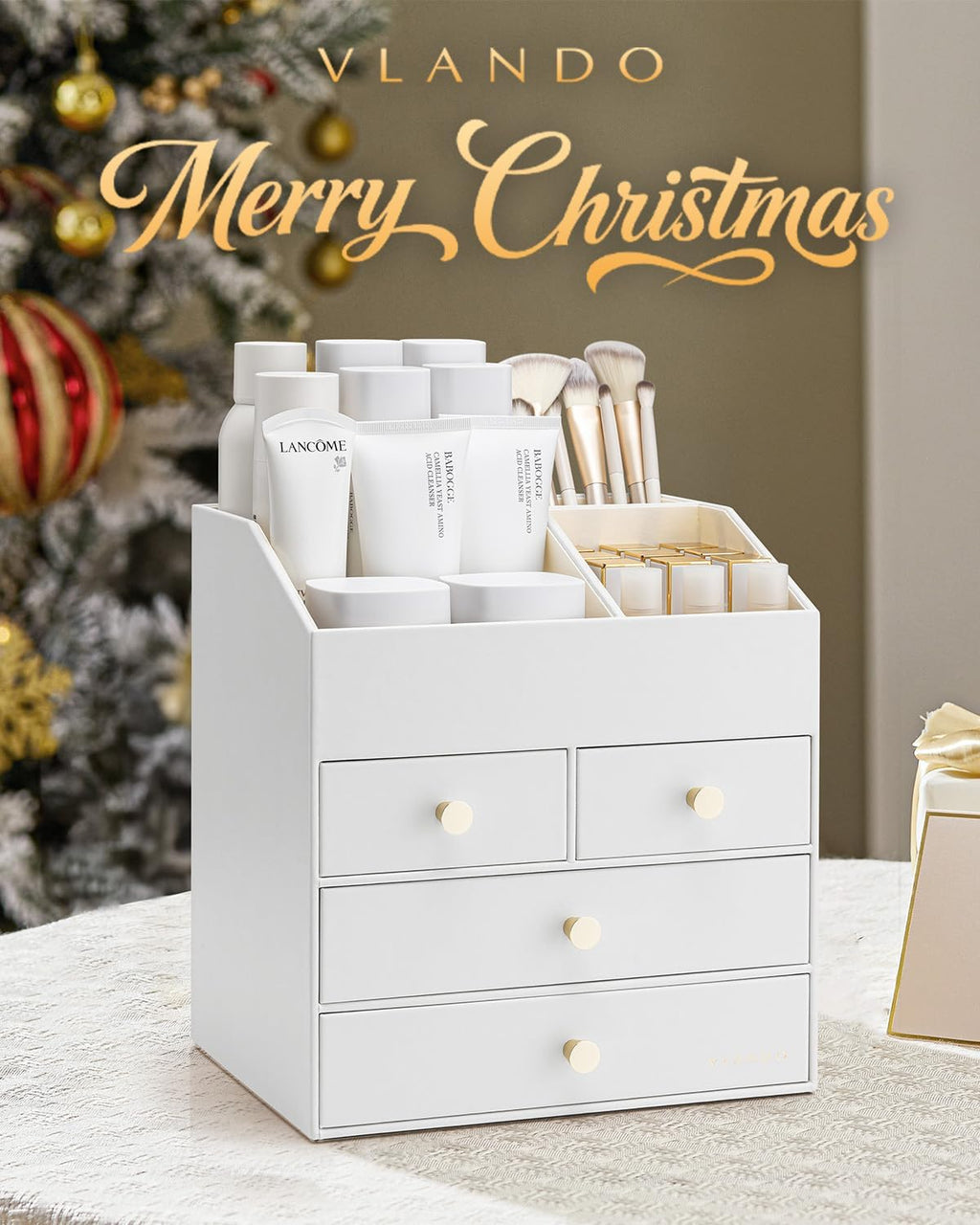 Vlando Makeup Organizer Countertop,Large Vanity Organizer PU Leather Make up Storage with 4 Drawers Skin care Organizer Cosmetic Display Case for Lipstick,Brushes,Bedroom-White