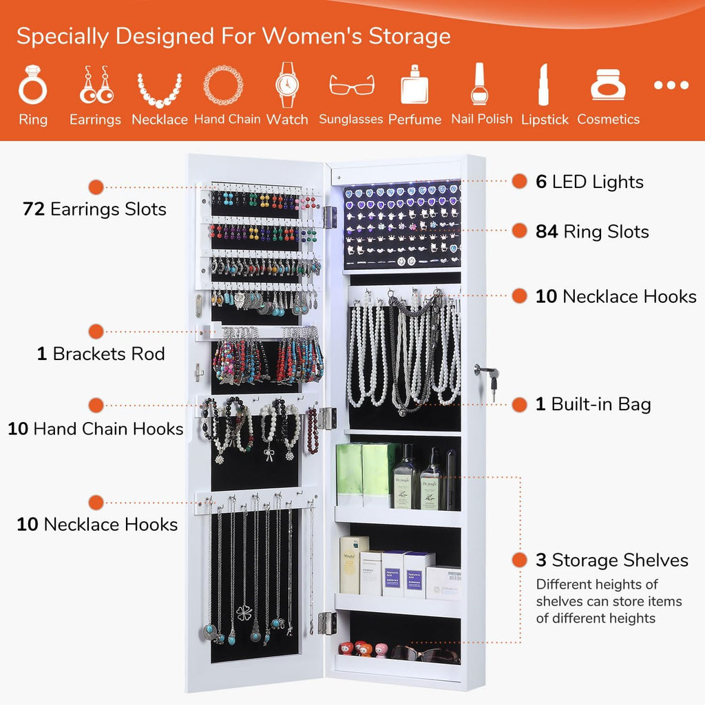 GISSAR Full Length Mirror Jewelry Cabinet, 6 LEDs Jewelry Armoire Wall Mounted Over The Door Hanging, Jewelry Organizer Display Storage Furniture with Lights Locker Mirrored Cabinet, 39.4" H, White