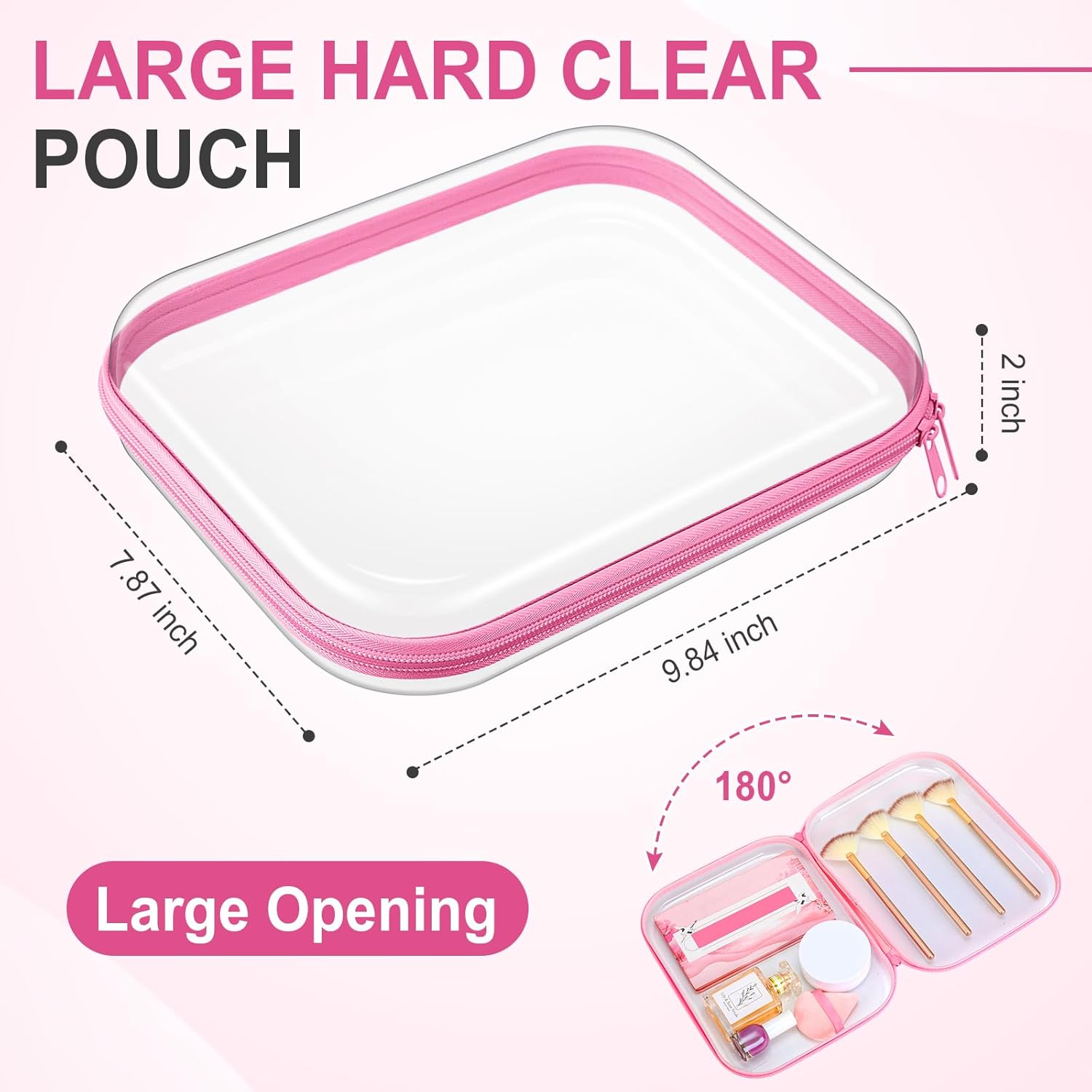 Sanwuta 6 Pcs Clear Hard Zipper Case Hard Plastic Zipper Pouches Transparent Makeup Bag Pencil Pouches for Travel Snacks Christmas Trinket Storage Organizer Box(Pink,9.84 x 7.87 x 2 Inch)