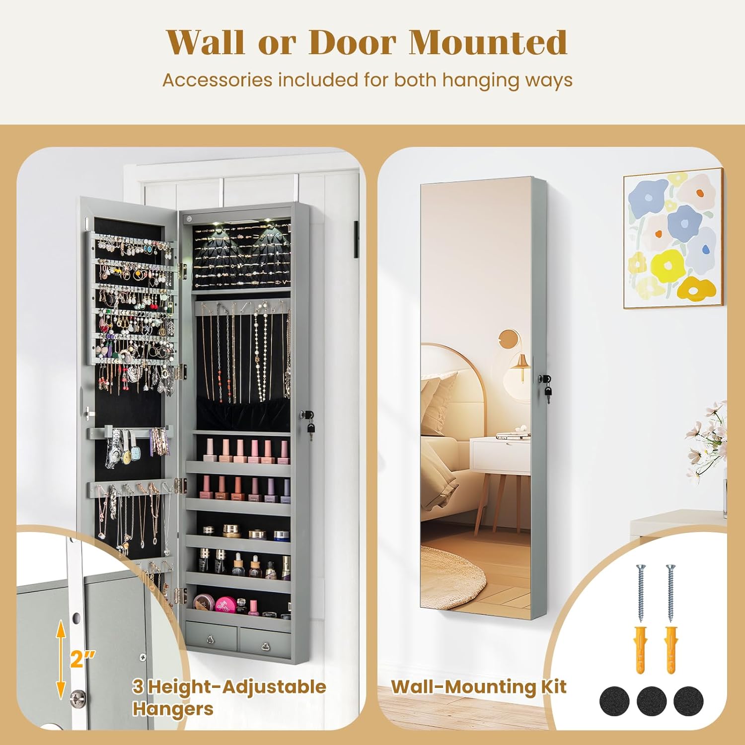 Giantex Wall or Door Mounted Jewelry Armoire with 47.5" Full Length Mirror, Lockable Cabinet with 2 LED Lights, 2 Drawers, Over the Door Large Jewelry Storage Organizer (Gray)