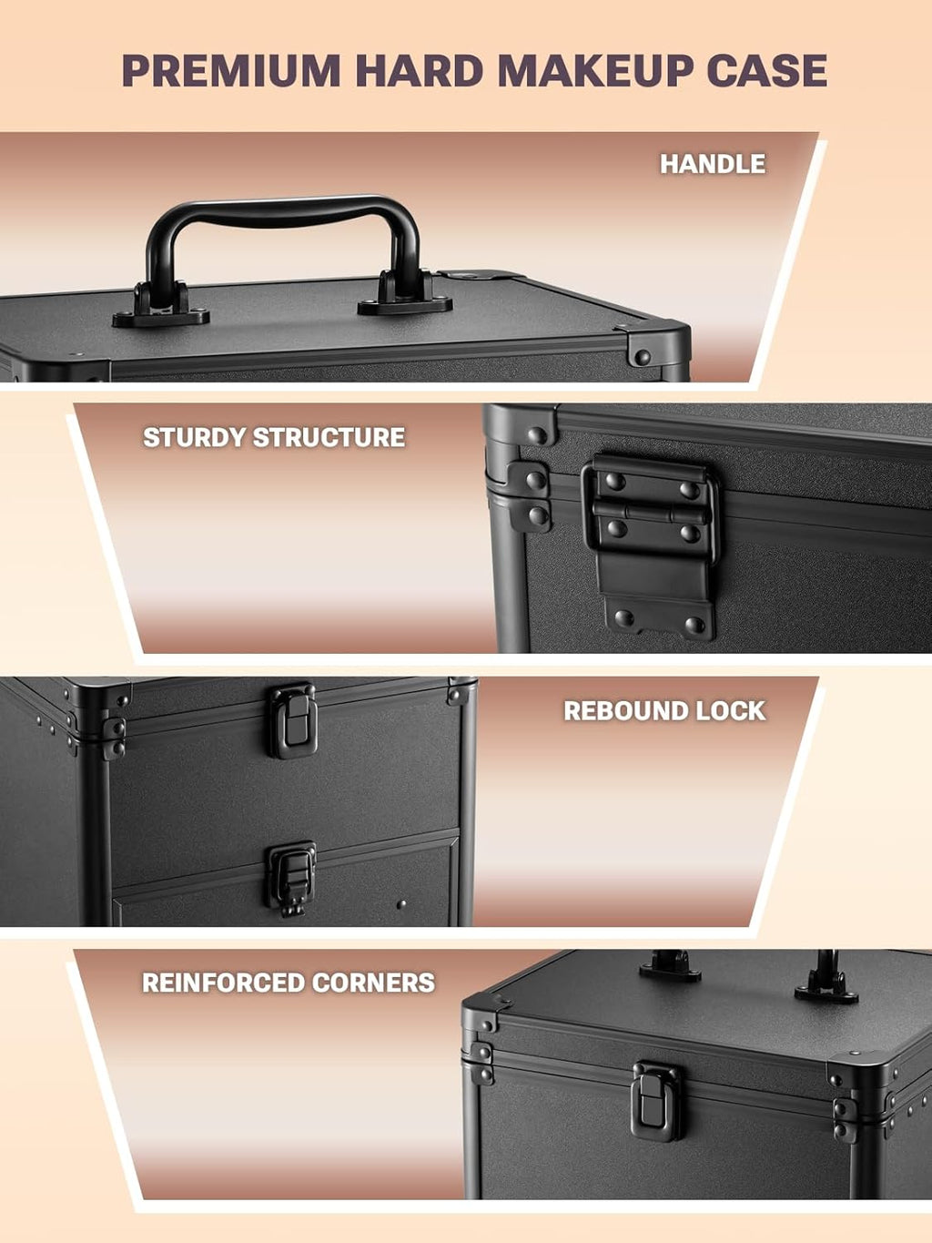 Qislee Makeup Box with Drawer and A Detachable Lighted Mirror, Waterproof Travel Train Case, Cosmetic Organizer and Makeup Suitcase with Adjustable Dividers, Magnetic LED Mirror (Black)