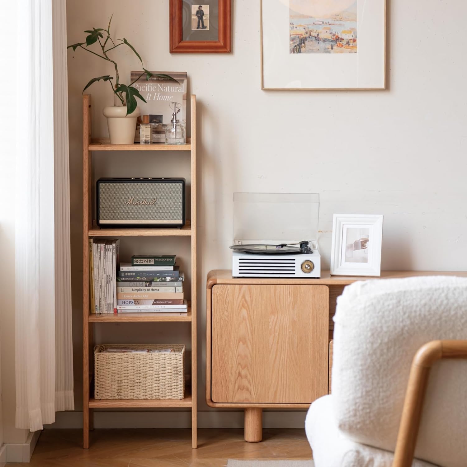 100% Solid Oak 4 Tier Ladder Shelf, Small Bookshelf, Ladder Bookshelf, Bookcase with Stable Frame, Small Table for Living Room Bedroom (Natural,17.32" D x 16.53" W x 53.54" H)