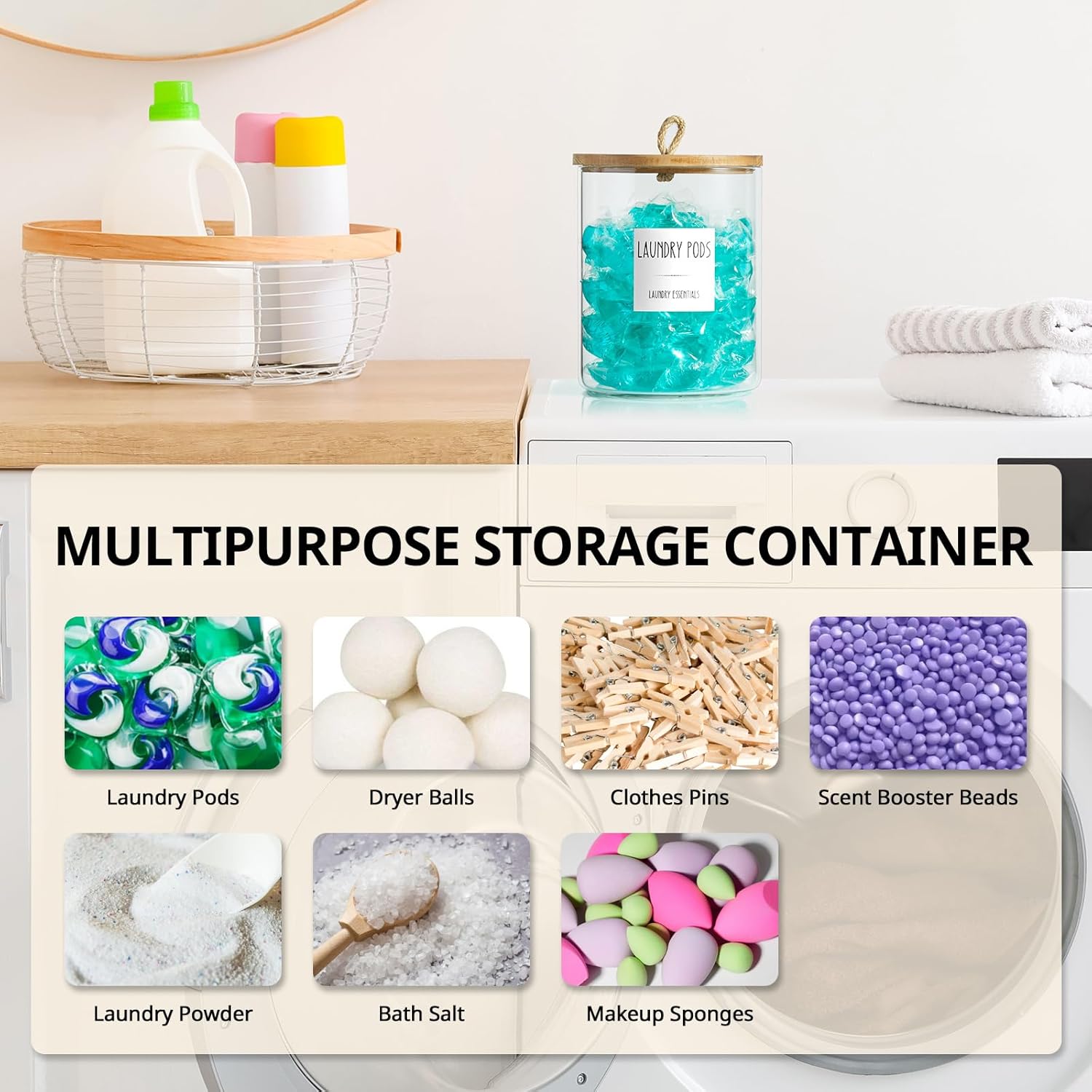 Glass Laundry Pods Container, 0.5 Gallon 2 Liter Laundry Jars with Burnt Wood Lids for Laundry Room Organization and Storage, Powder Detergent Holder for Laundry Room Decor and Accessories