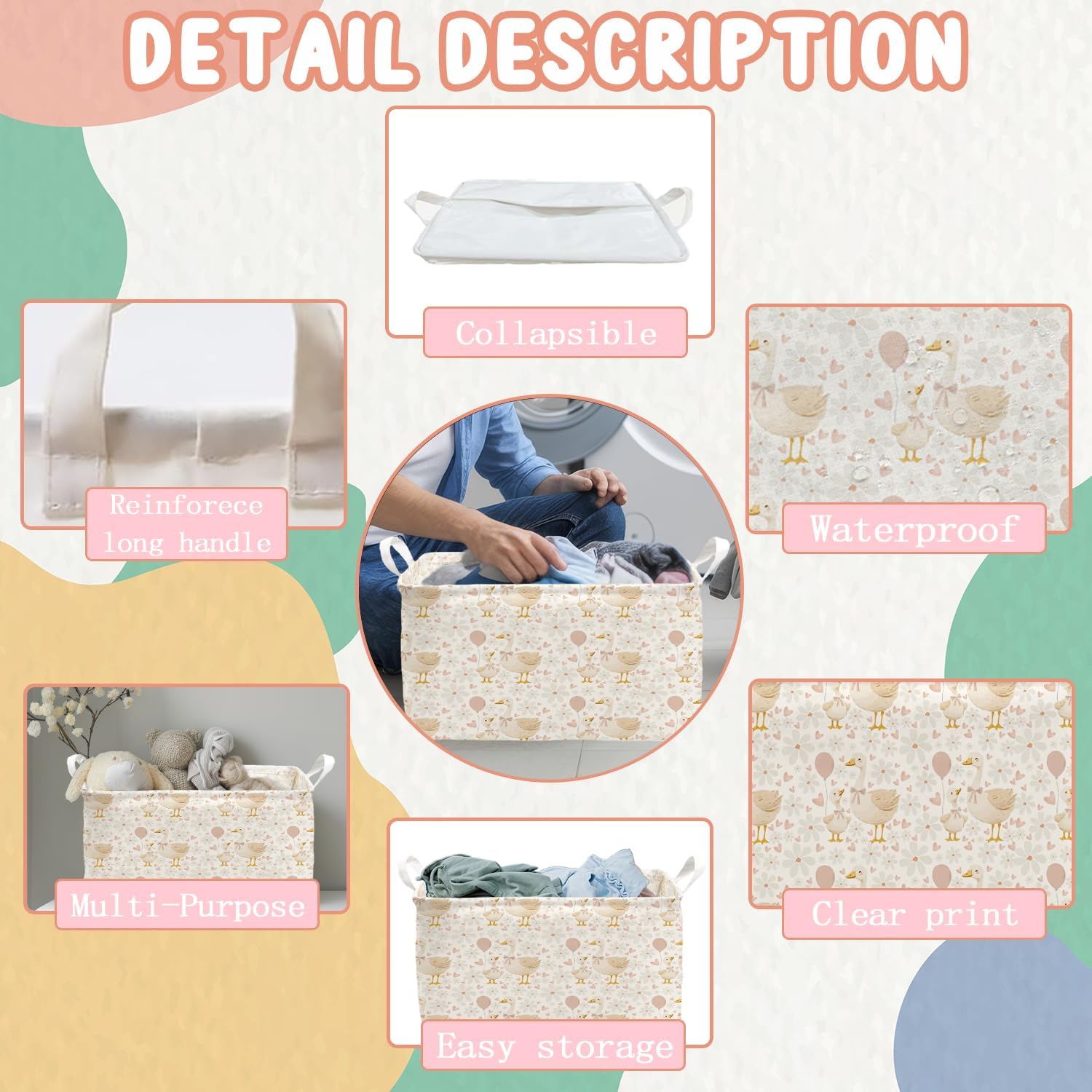 A New Silly Goose Storage Basket, Cute Waterproof Canvas Toy Storage Box, Foldable Room Decorative Basket with Handle, Gift for Christmas, Suitable for Wardrobe, Bedroom, Home Living Room Shelf