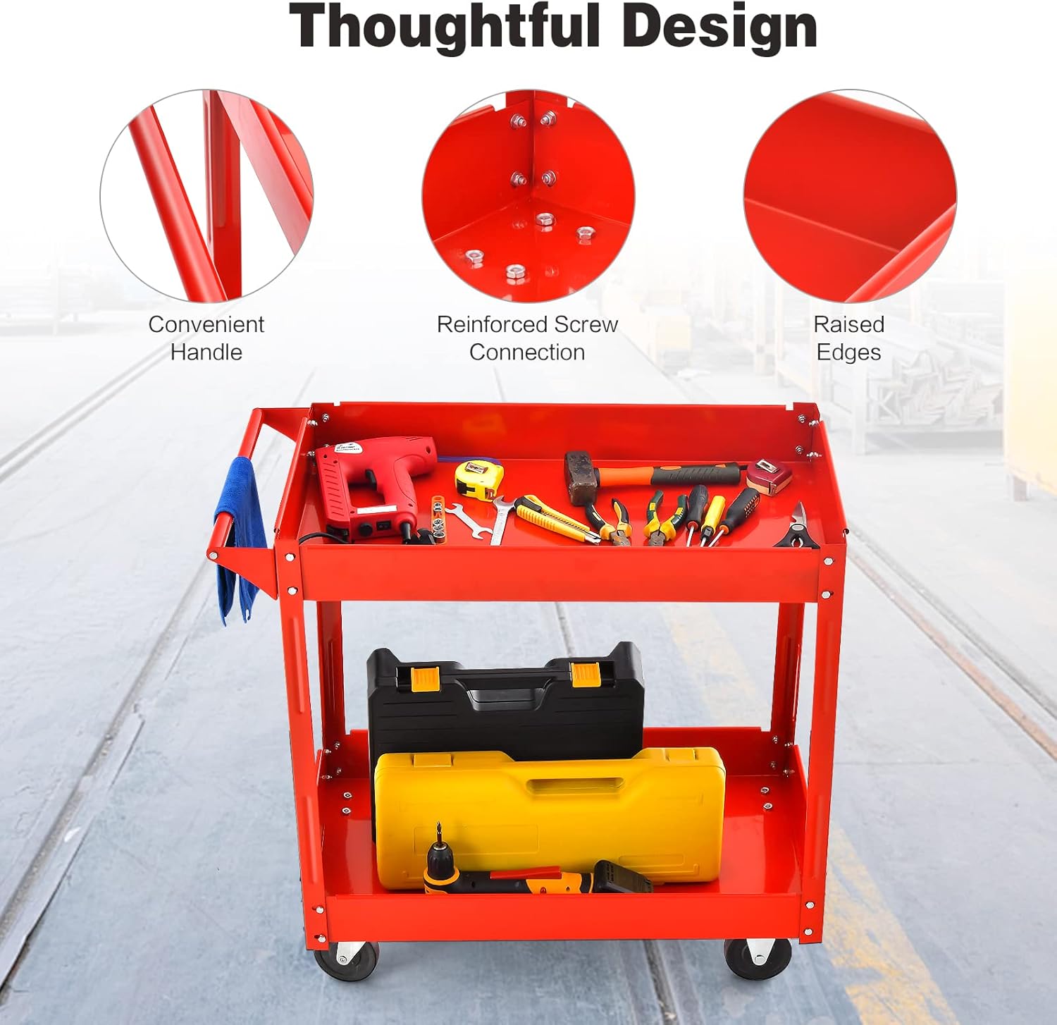 Goplus 2-Tier Utility Cart, Heavy Duty Commercial Service Tool Cart w/Handle, 220 lbs Max Support, Rolling Mechanic Metal Tool Cart Storage Organizer for Home, Garage, Warehouse