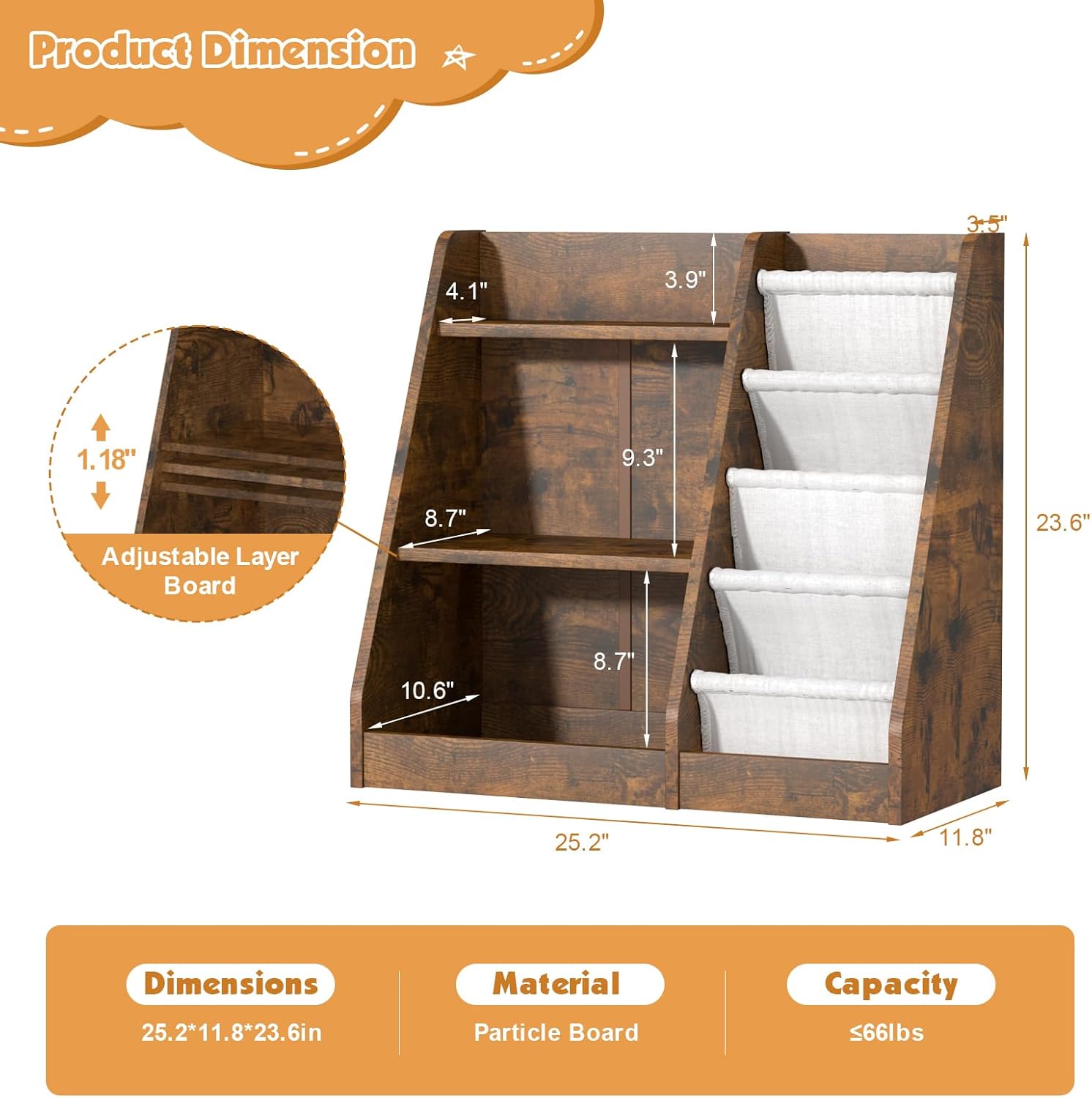 Kids Bookshelf for Bedroom Toddler Children Baby Bookcase 3-Tier for Nursery Book Toy Storage Organizer 4 Sling Adjustable Display Shelf Book Rack Wood Classroom Playroom Rustic Brown