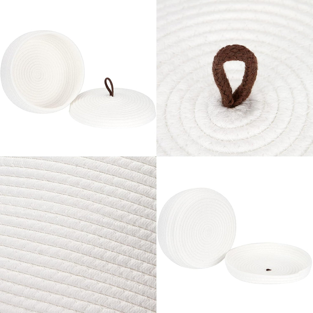 Sea Team Round Cotton Rope Storage Basket with Lid, Decorative Woven Storage Bin, Pot, Caddy, Organizer, Container for Snacks, Towels, Plants, 10 x 4.5 Inches (Small, Shallow, White)