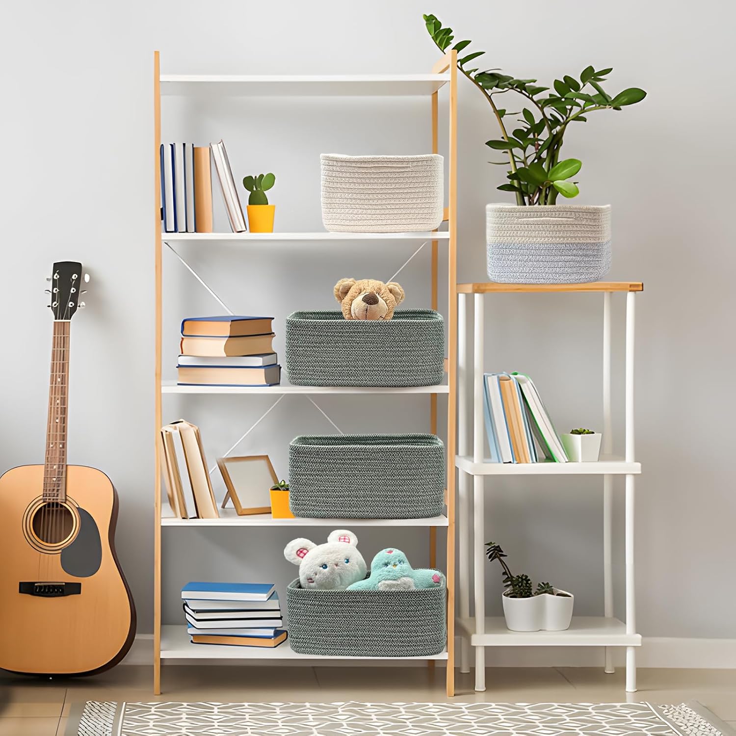 COMFY-HOMI 13" x 8.5" x 5.1"Storage Baskets for Organizing | Cotton Rope Woven Basket | Toy Storage Bin Box | Basket for Shelves, Closet Organizer Bin, Decorative Closet Shelf, 3 Pack, Green