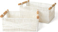 LA JOLIE MUSE Wicker Storage Baskets for Organizing, Recyclable Paper Rope Basket with Wood Handles, Decorative Hand Woven Basket Organizers for Makeup Books Shelves Living Room, White, Set of 2