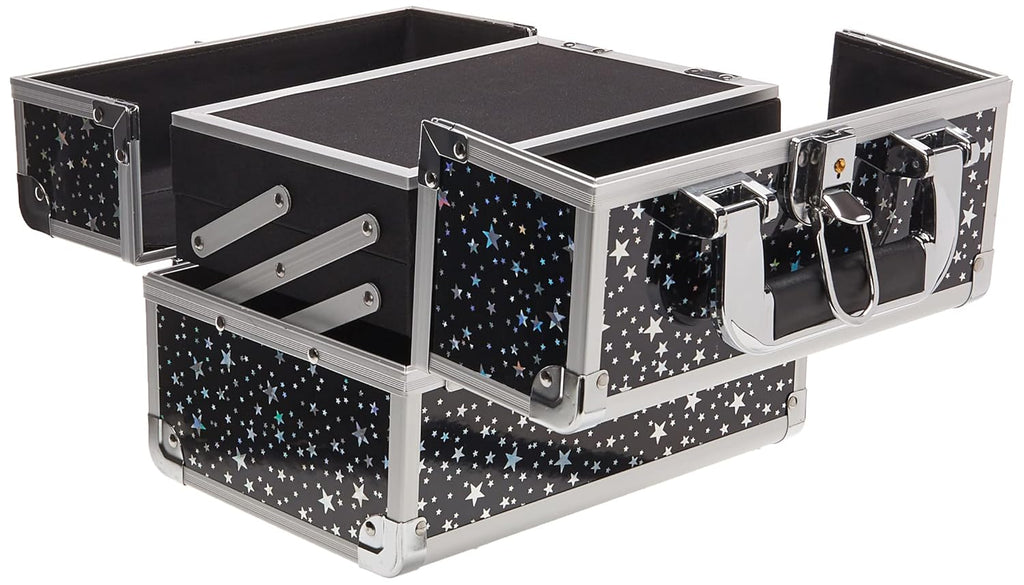 Joligrace Makeup Train Case Portable Cosmetic Box 2 Trays with Mirror Lockable for Makeup Nail Tech and Beauticians Traveling Makeup Storage Organizer - Black Star