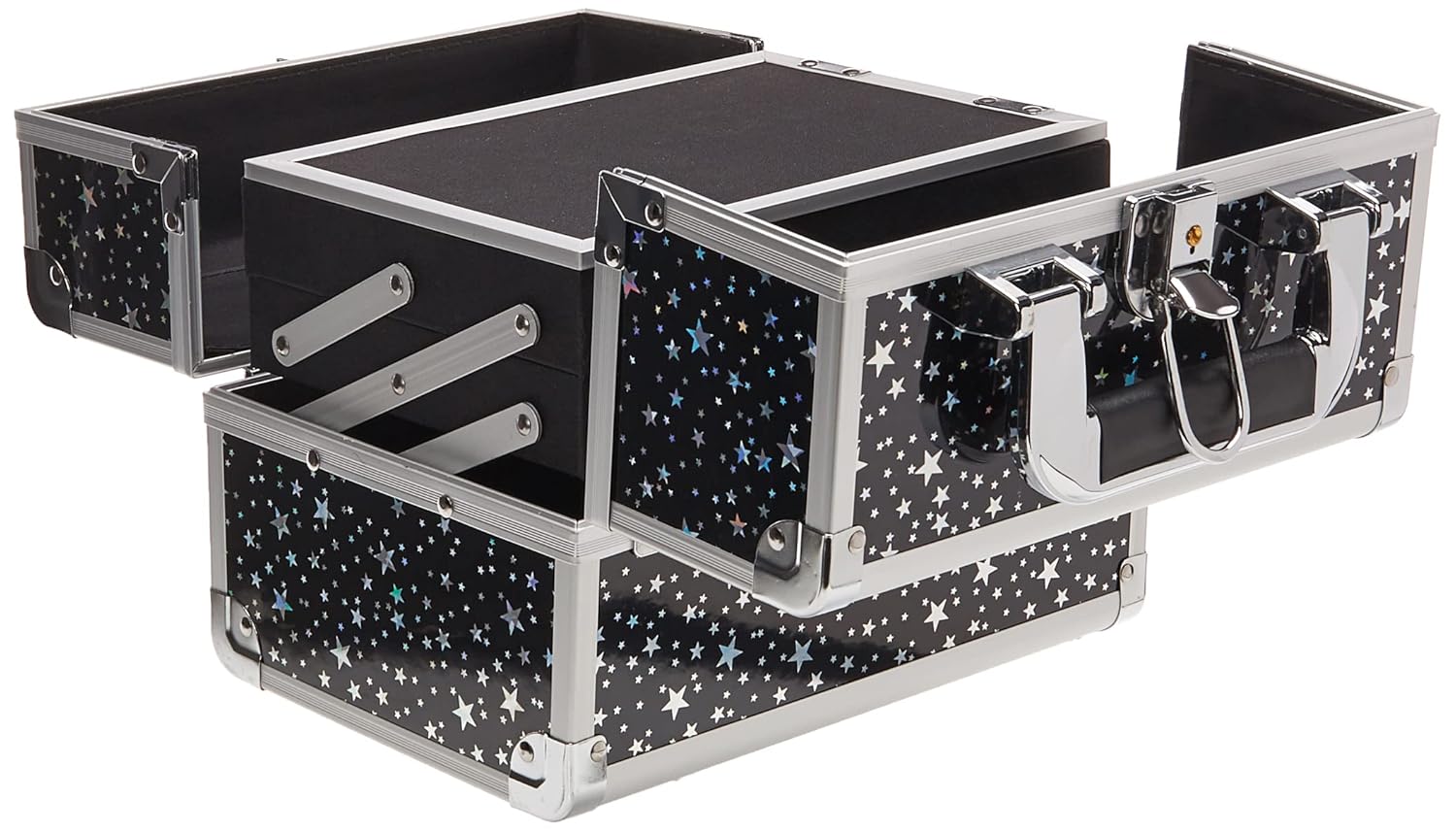 Joligrace Makeup Train Case Portable Cosmetic Box 2 Trays with Mirror Lockable for Makeup Nail Tech and Beauticians Traveling Makeup Storage Organizer - Black Star