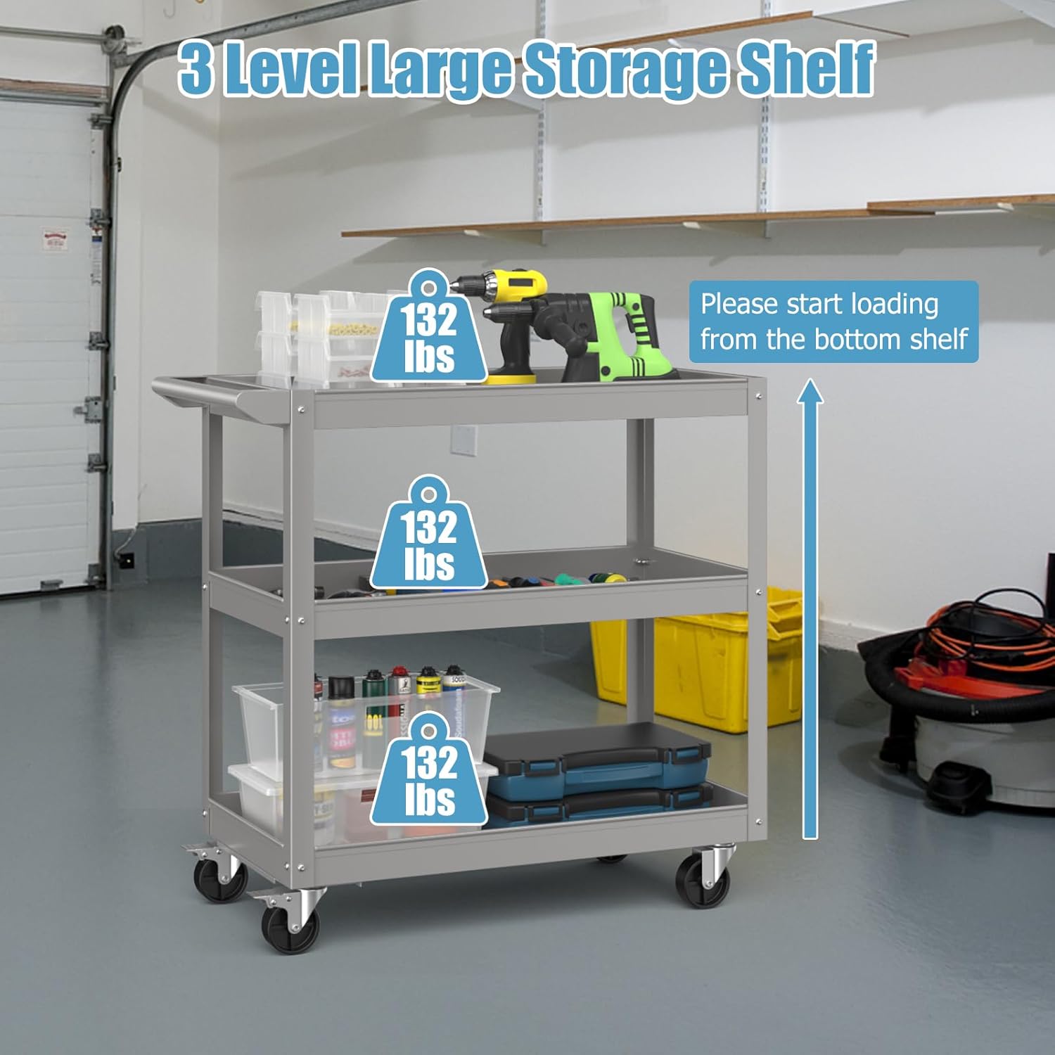 Goplus 3-Layer Service Utility Cart, Heavy Duty Unity Cart with Flat Handle, 2 Lockable Universal Wheel, 400 lbs Capacity, Rolling Tool Cart for Garage, Kitchen, Hotel, Office, Workshop Grey