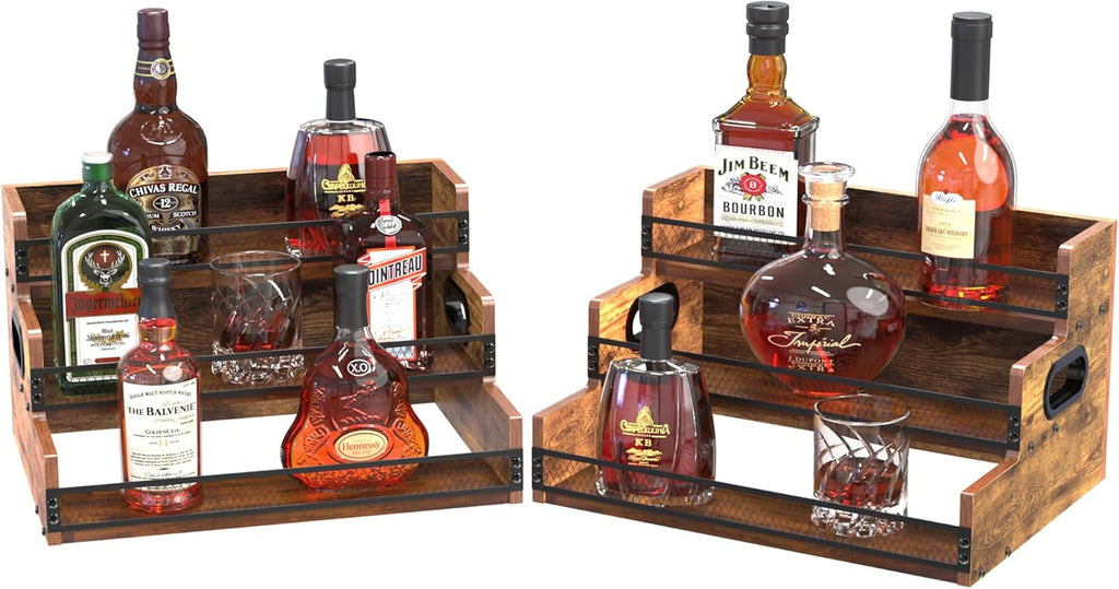 Liquor Bottle Display Shelf, Coffee Syrup Rack Organizer, 2 Pack 3 Step Countertop Liquor Wine Rack, Coffee Station Organizer with Fences & Handles, Home Retro Bar Shelf Stand for Liquor Whiskey