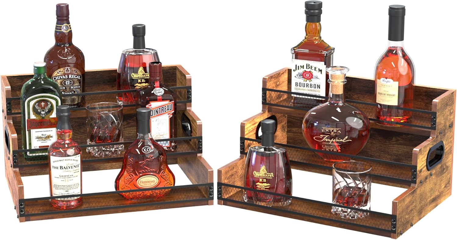 Liquor Bottle Display Shelf, Coffee Syrup Rack Organizer, 2 Pack 3 Step Countertop Liquor Wine Rack, Coffee Station Organizer with Fences & Handles, Home Retro Bar Shelf Stand for Liquor Whiskey
