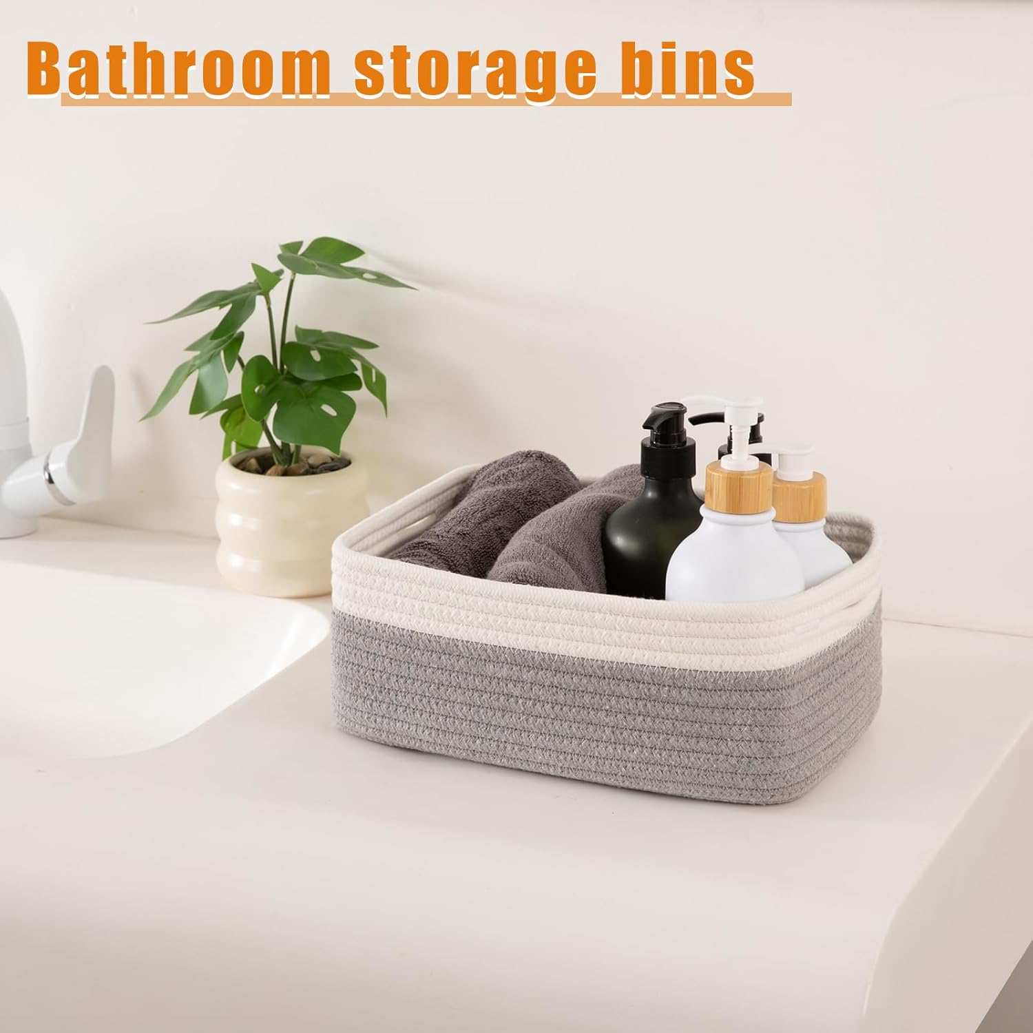 OIAHOMY 4 Pack Storage Baskets for Organizing, Small Bins for Shelves, Cute Decorative Storage Bins, Organizer Baskets for Gifts Empty, 11.8''Lx7.8''Wx4.7''H, Grey/White