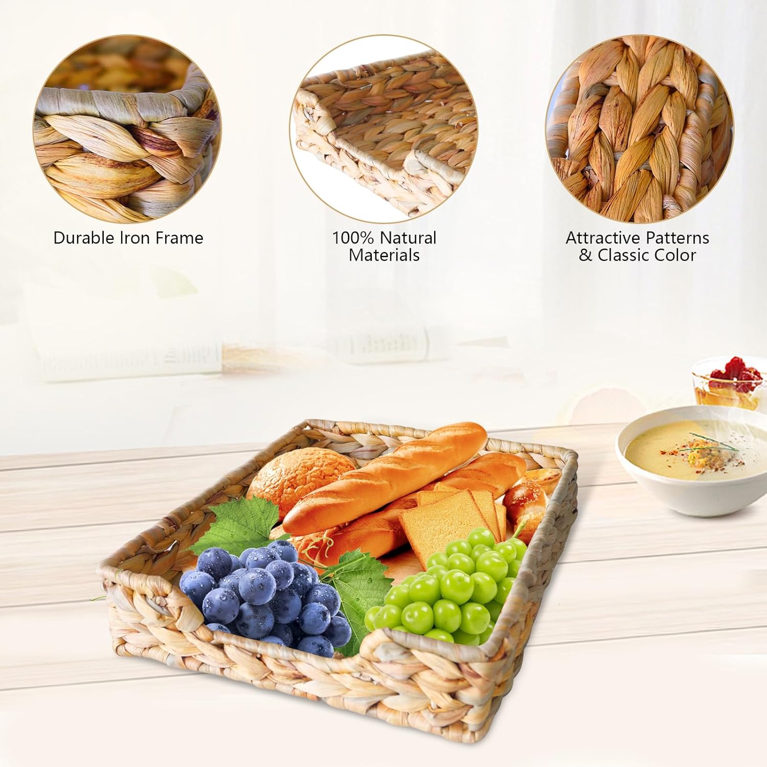 1 Pc A4 File Tray, Natural Water Hyacinth Desk Basket, Wicker Paper Tray File Basket for Desk Organizer, Woven Letter Size Documents Trays for Office,Toilet Tank Organizer