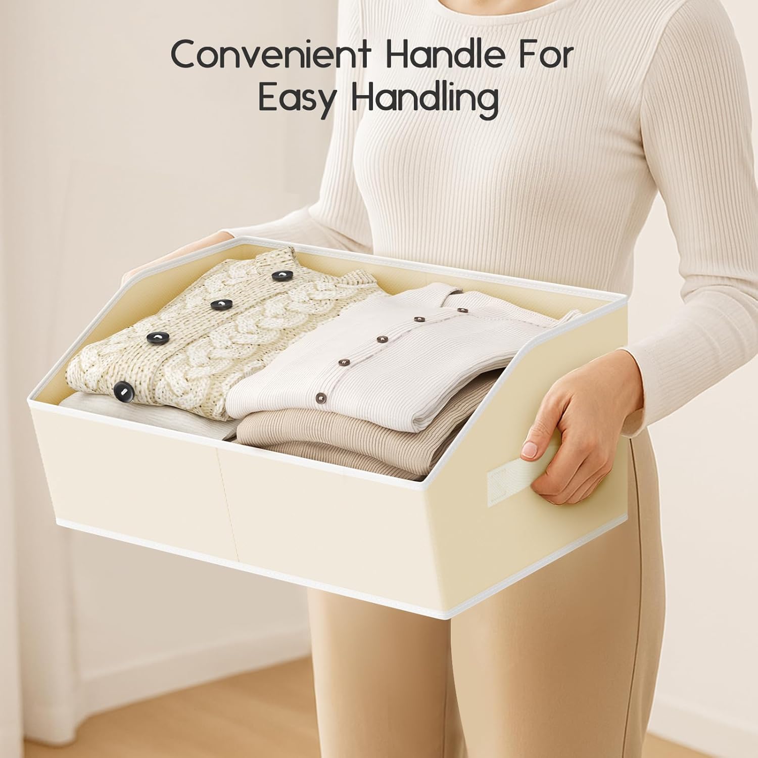 Large Closet Organizers and Storage Bins - 8 Pack Trapezoid Storage Baskets for Shelves, Foldable Fabric Baskets with Handles Ideal for Closet, Basket, Wardrobe and Shelf Storage, Beige