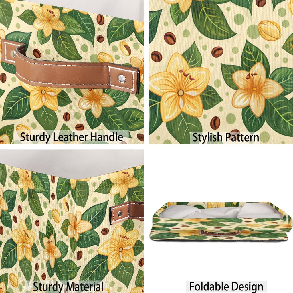 TropicalLife 13x13x13 Inch Large Fabric Storage Cube Yellow Flower Foldable Storage Bin with Handles Organizer Boxes Cube Basket for Shelves Organizing Closet