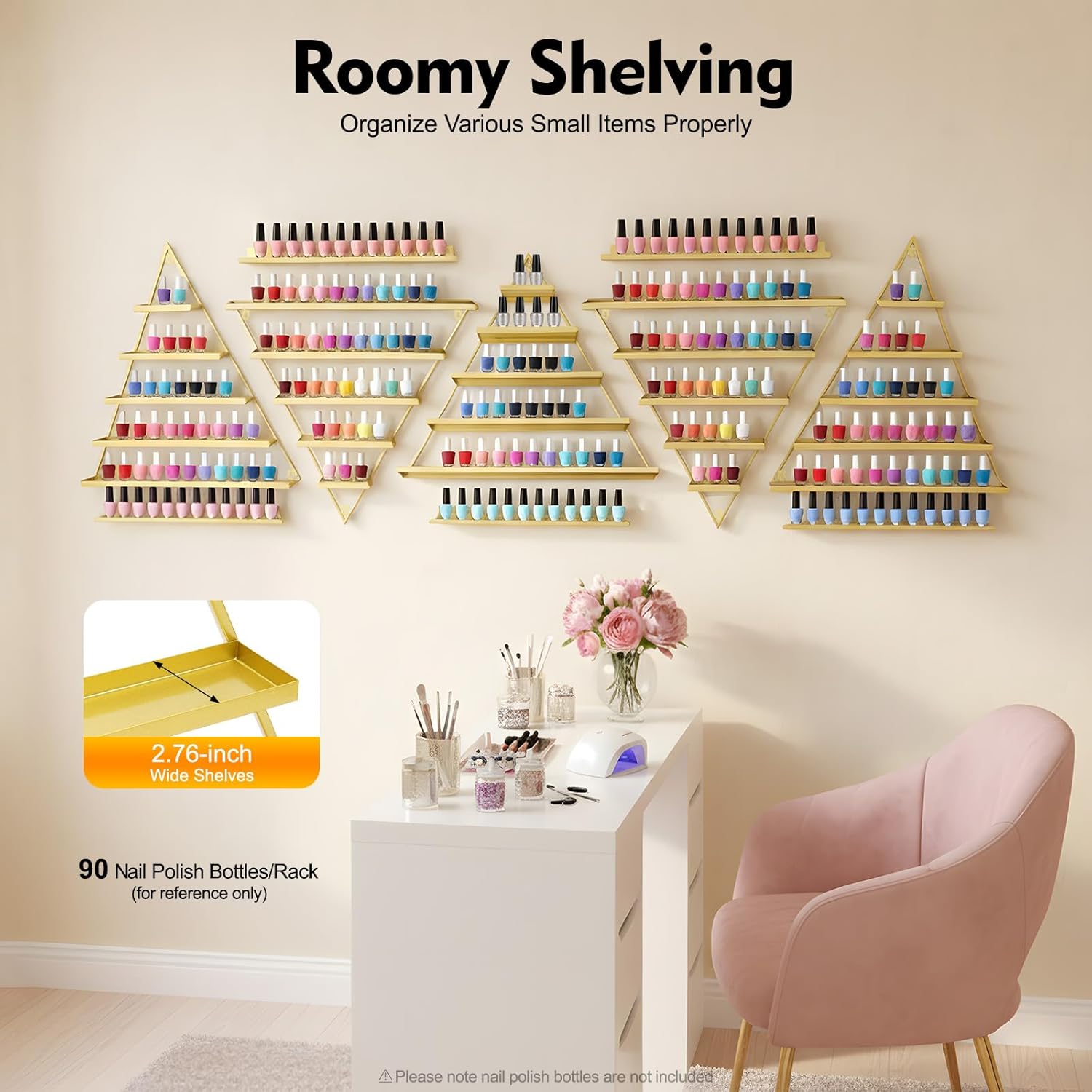 10PCS Gold Triangular Nail Polish Racks, 5 Tiers Wall-Mounted Nail Polish Racks Cosmetic Display Rack Essential Oil Organizers Lipstick Perfume Wall Shelf for Home Spa Nail Salon Shop