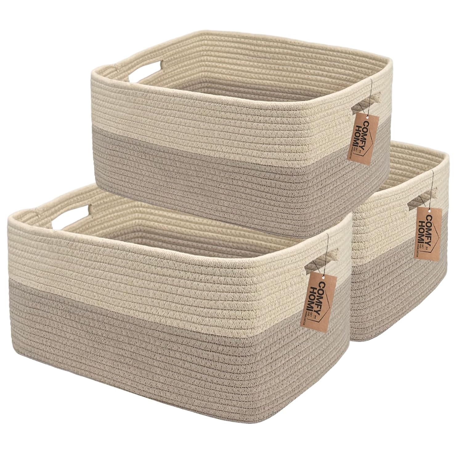 COMFY-HOMI 3 pcs Large Storage Baskets for Shelves, Laundry Basket, Woven Rope Basket, Closet Organizer Bins for Clothes Blanket Towels, Baby Nursery, Gift Toy Baskets, 17” x 13” x 7.5”-Beige Brown