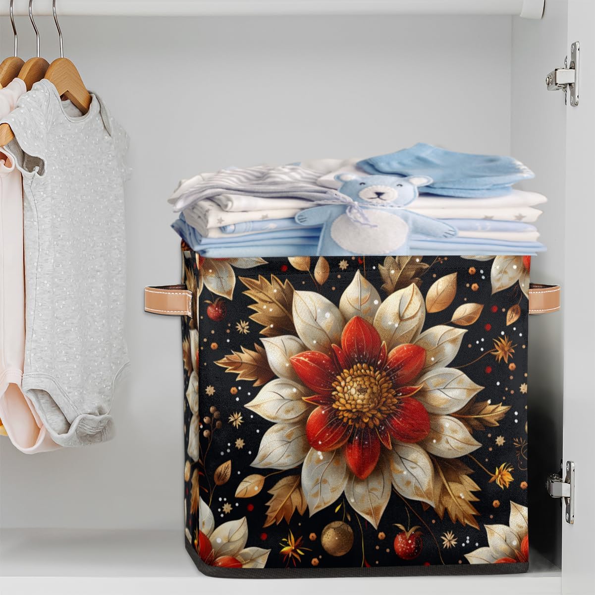 TropicalLife 13x13x13 Inch Large Fabric Storage Cube Flowers Foldable Storage Bin with Handles Organizer Boxes Cube Basket for Shelves Organizing Closet