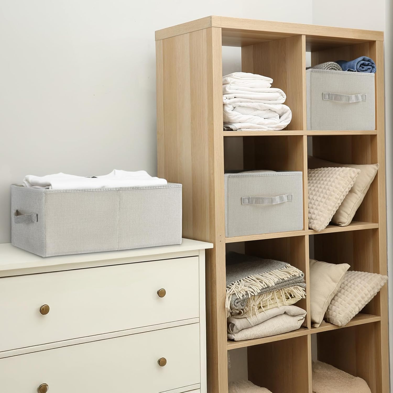 3 Pack Linen Storage Baskets with Handle,Large Foldable Closet Storage Bins for Shelves,Toys,Sheets,Clothes,18"×11"×8",Beige