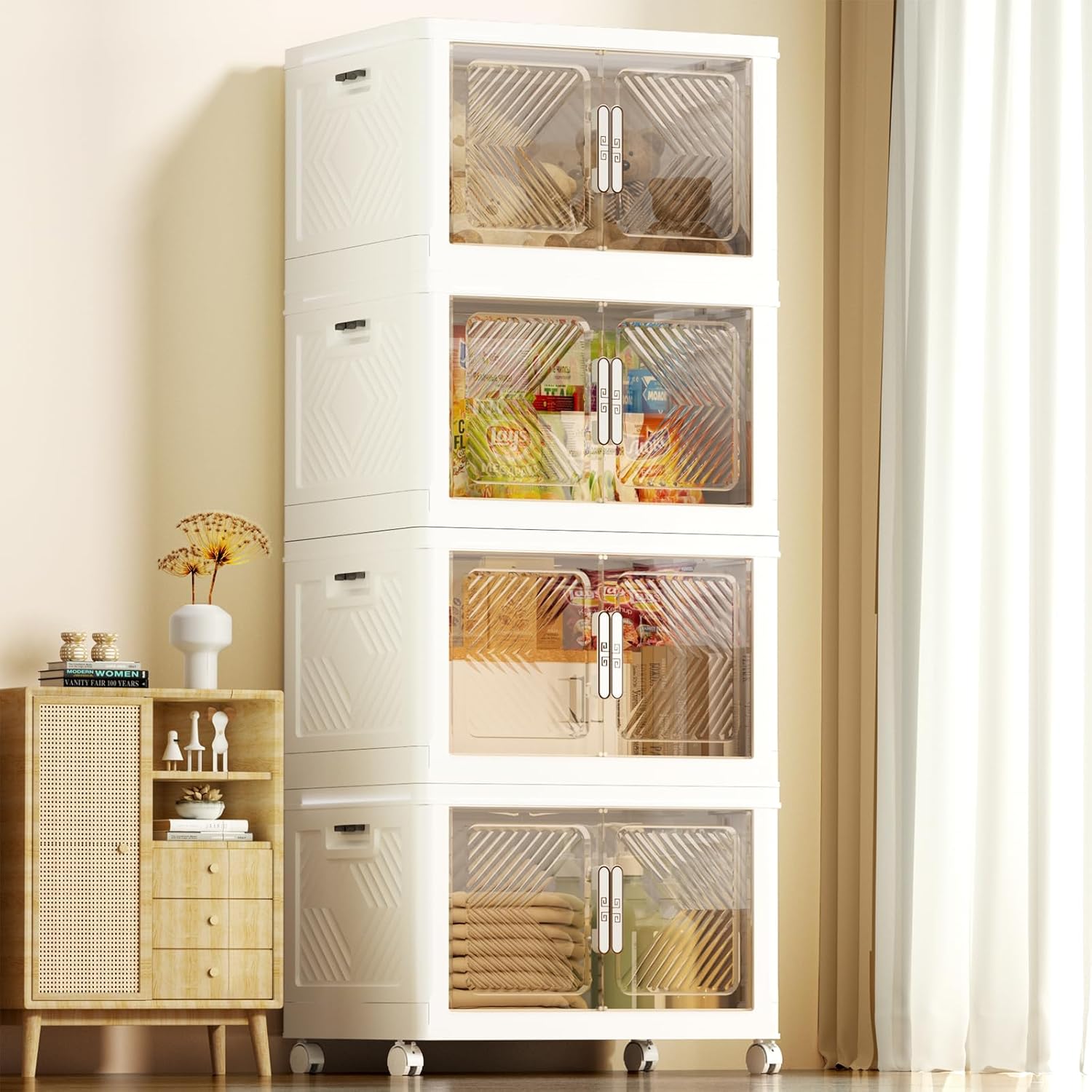 Storage Bins with Lid 48QT, Stackable Storage Containers with Wheels and Magnetic Doors, Plastic Clothes Closet Organizers and Storage Box for Home and Office (4 Pack)