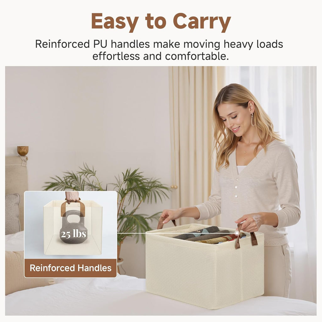 StorageWorks Storage Bins, Shelves Baskets for Organizing, Large Fabric Closet Organizers with Handles, Metal Frame, Beige（Texture）, 2-Pack