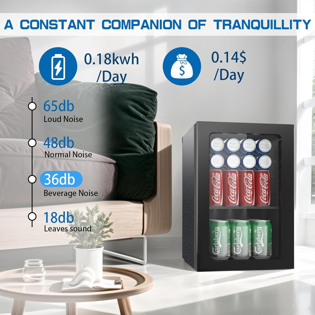 0.9 Cubic Feet Mini Fridge,24 Can Freestanding Beverage Refrigerator with Glass Front Door for Soda, Beer Under Counter Small Refrigerator with Adjustable Shelves(Black)