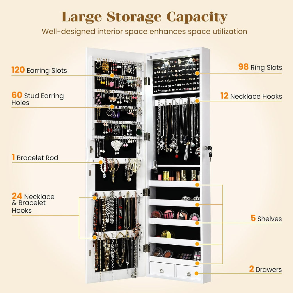 Giantex Wall Door Mounted Jewelry Armoire Cabinet with 47.5" Full Length Mirror, 2 LEDs Lockable Jewelry Organizers and Storage with 2 Drawers, Over the Door Jewelry Organizer Cabinet (White)