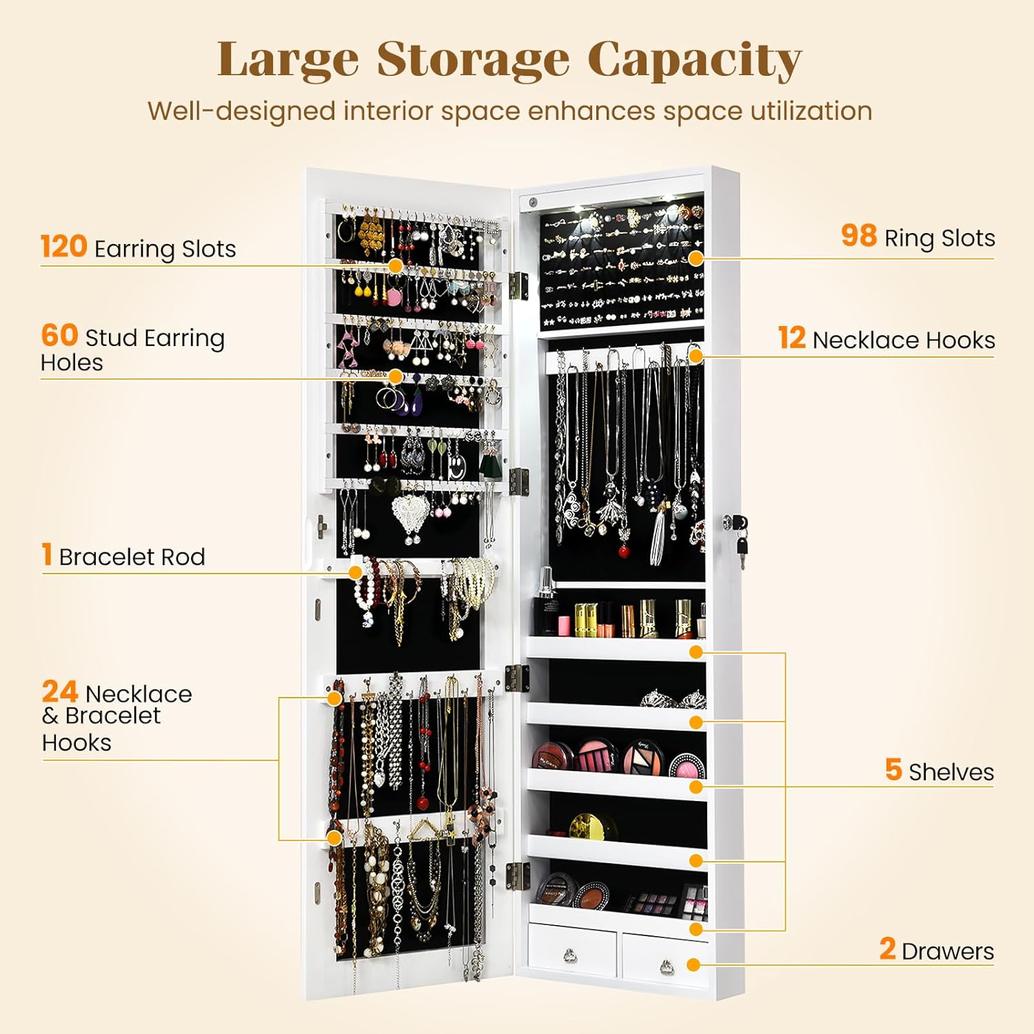Giantex Wall Door Mounted Jewelry Armoire Cabinet with 47.5" Full Length Mirror, 2 LEDs Lockable Jewelry Organizers and Storage with 2 Drawers, Over the Door Jewelry Organizer Cabinet (White)