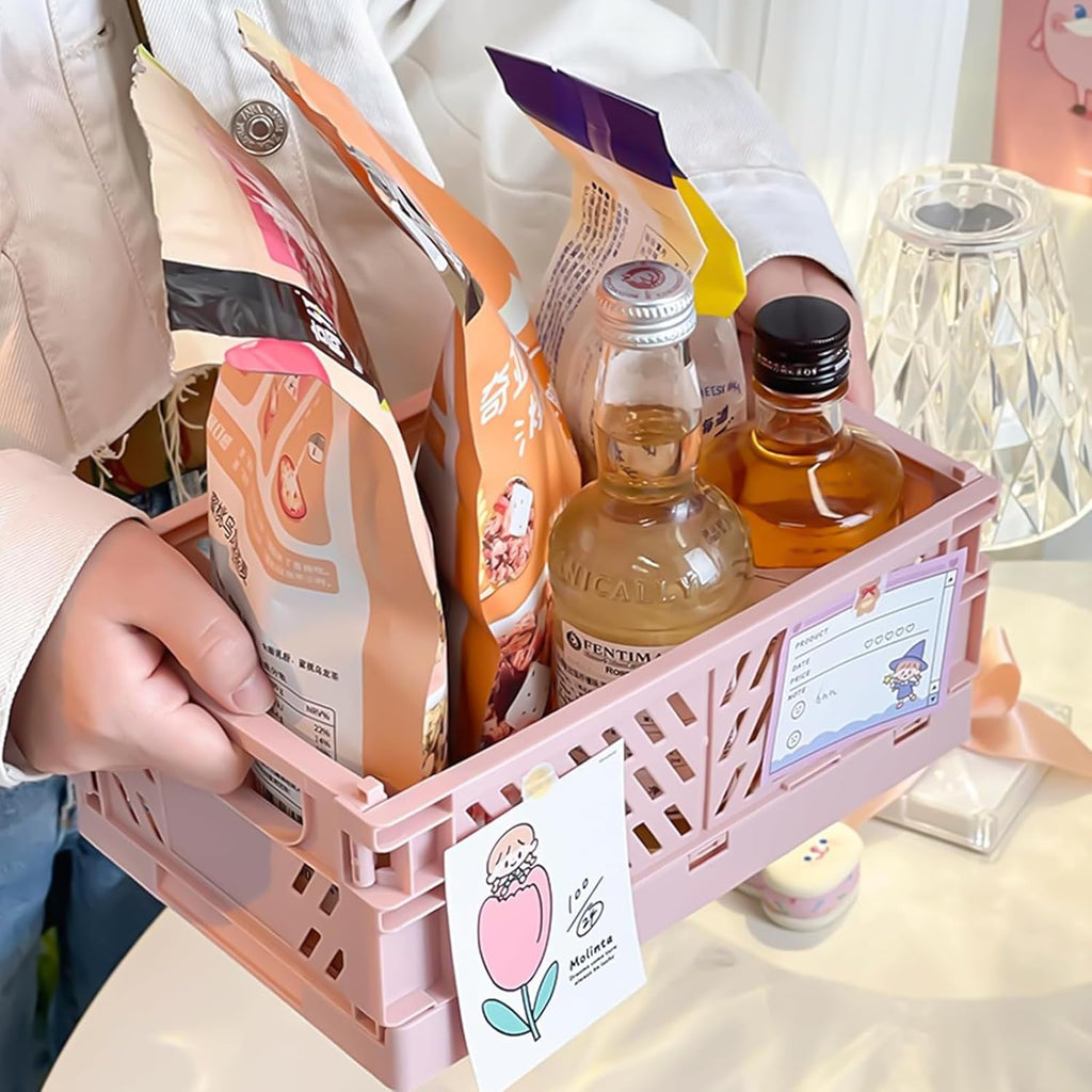 Small Pastel Plastic Storage Bins 2Pcs Foldable Pastel Crates Plastic Basket Colorful Storage Containers Baskets for Classroom Kitchen Office Bedroom Desktop Home Decor (Pink 9.8" x 6.5" x 3.8")