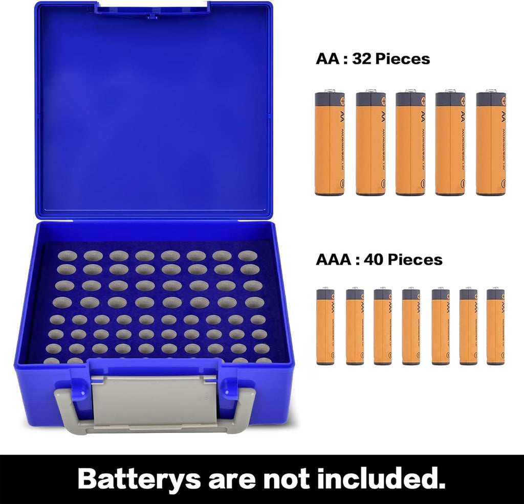 FULLCASE Battery Storage Organizer Holder Holds 72 AA AAA Batteries, Box Cases Garage Container, Home Drawer Organization Dispenser (Case Only) (Blue)