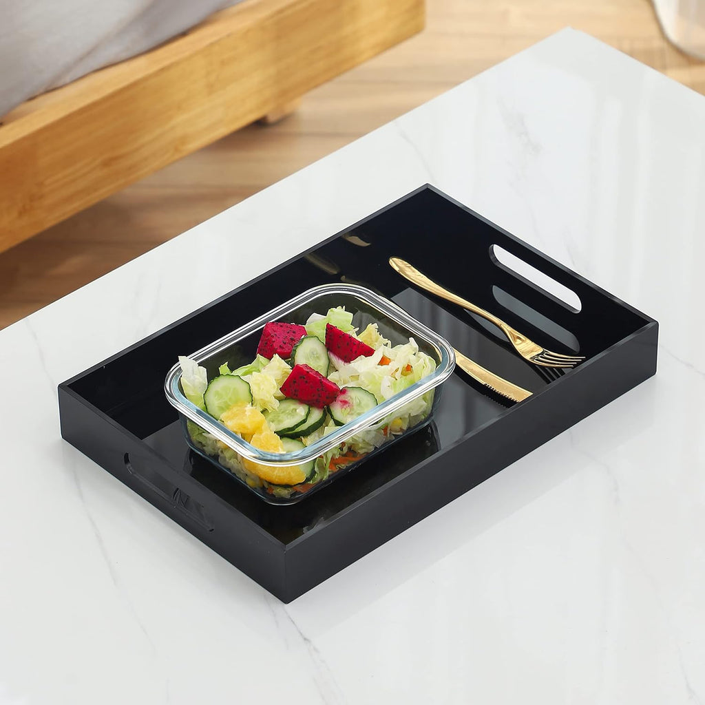Black Oversize Acrylic Serving Tray with Handles 10x15 Inch -Spill Proof- Decorative Trays Countertop Organizer for Ottoman,Nightstand, Sidetable, Butler (10X15 Inch, Black)
