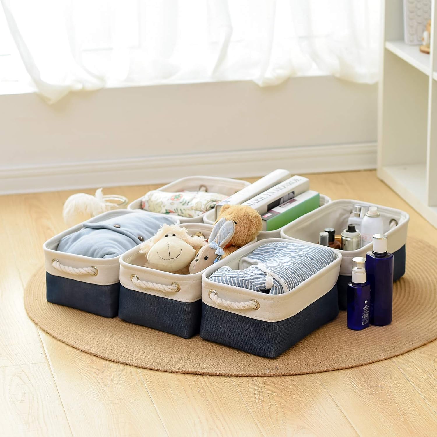 Storage Basket for Organizing - 12x8x5.2 inch Small 6 Pack Fabric Storage Bin Collapsible Baskets for Shelves with Rope, Storage Box for Cloth Decorative Laundry Canvas(White & Blue)