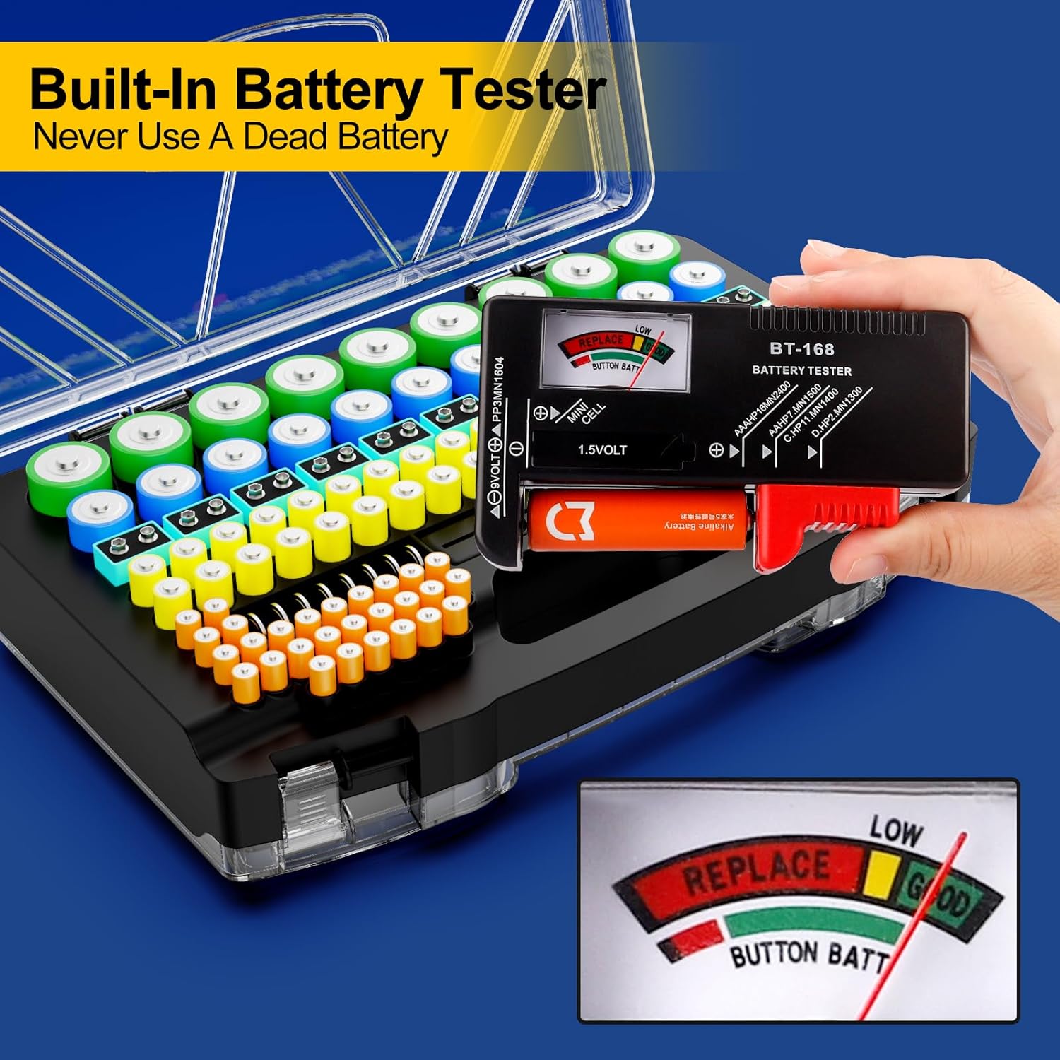 Battery Organizer Storage Holder Box Case with Tester, New Ultra-Large 285+Batteries Double-Sided Variety Pack, Holds AA AAA 4A C D Button Cell 9V 3V CR123 CR1632 LR44 Lithium18650 CR2 Black