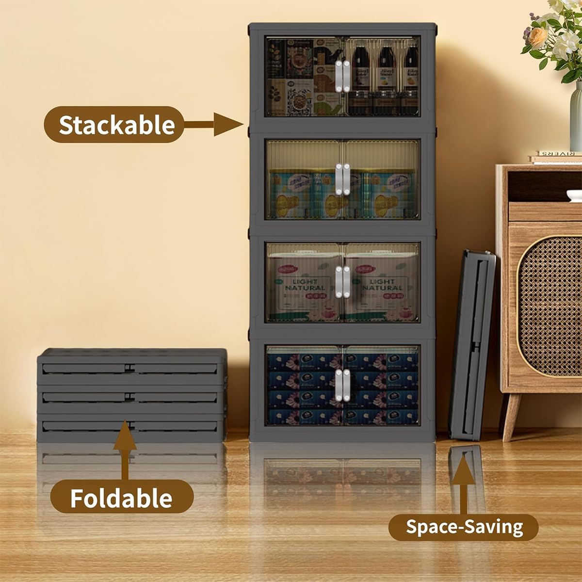 Stackable Storage Bins, Plastic Storage Bins with Lid and Wheels, Collapsible Storage Containers with Magnetic Doors, Foldable Storage Boxes for Home, Pantry, Office (M, Gray 3-Tier)