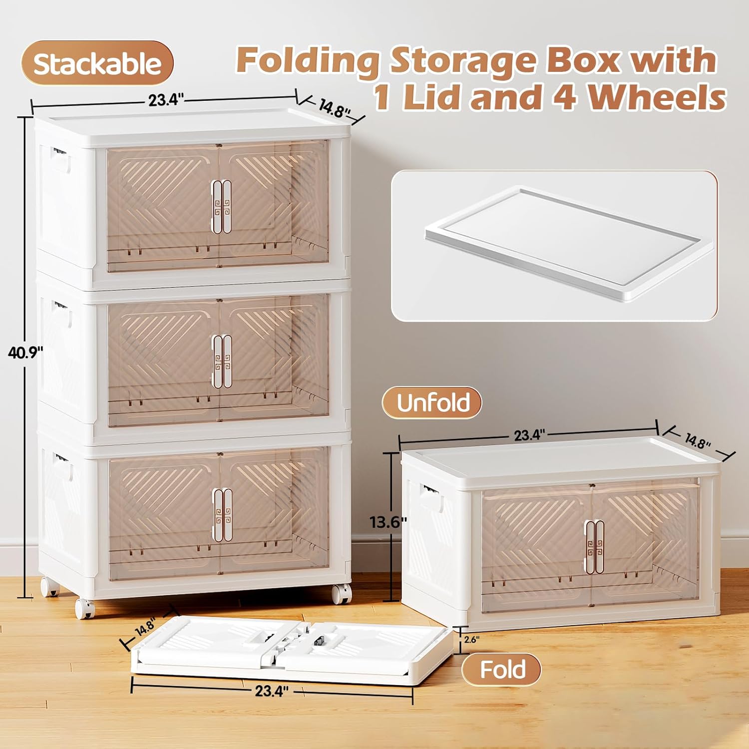 Storage Bins with Lid 76QT, Stackable Storage Containers with Wheels and Magnetic Doors, Plastic Clothes Closet Organizers and Storage Box for Home and Office (3 Pack)