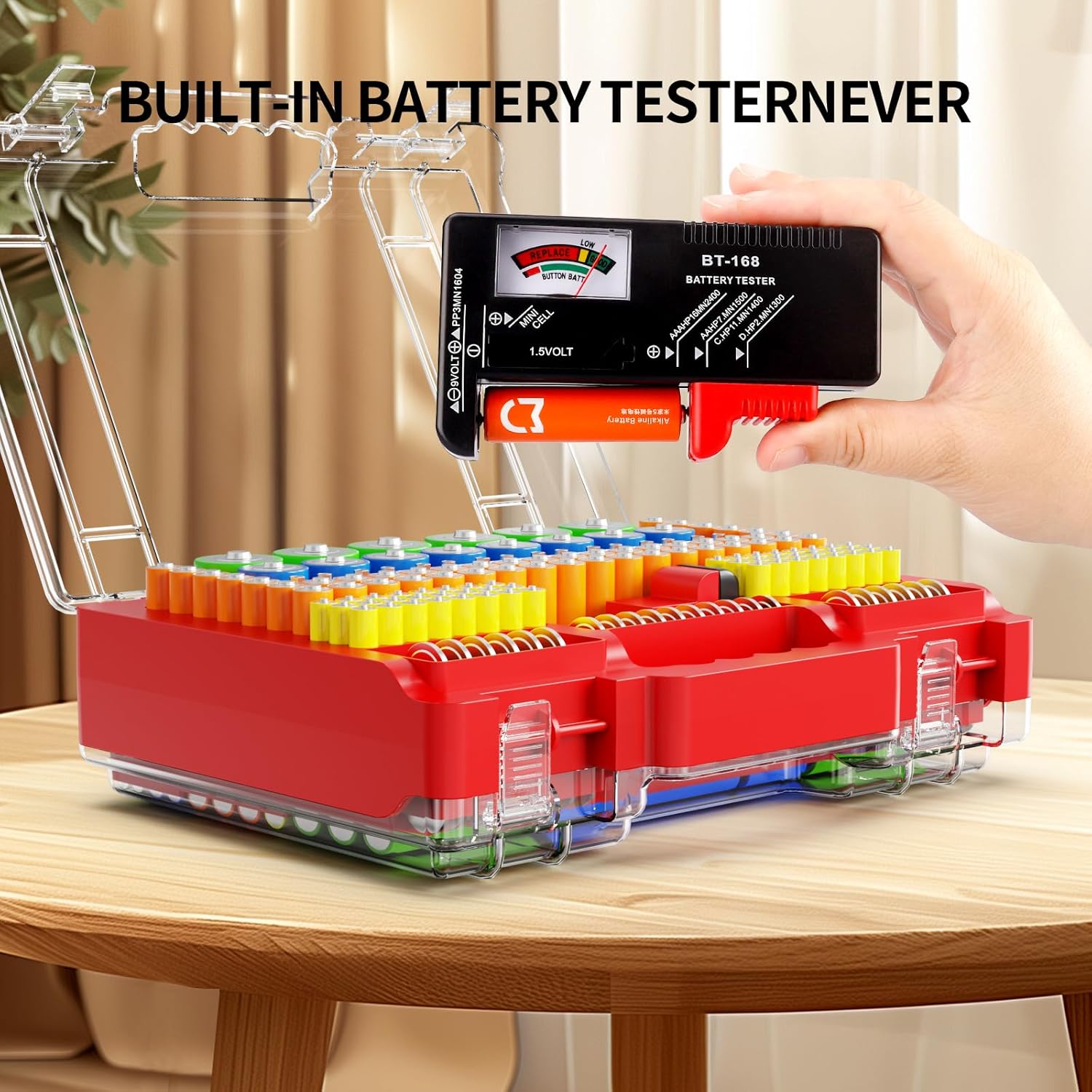Battery Organizer Storage Holder Box Case with Tester, Stores & Protects Up to 260 Batteries, Double-Clear Locking Lid, Holds AA AAA C D and More (Red)