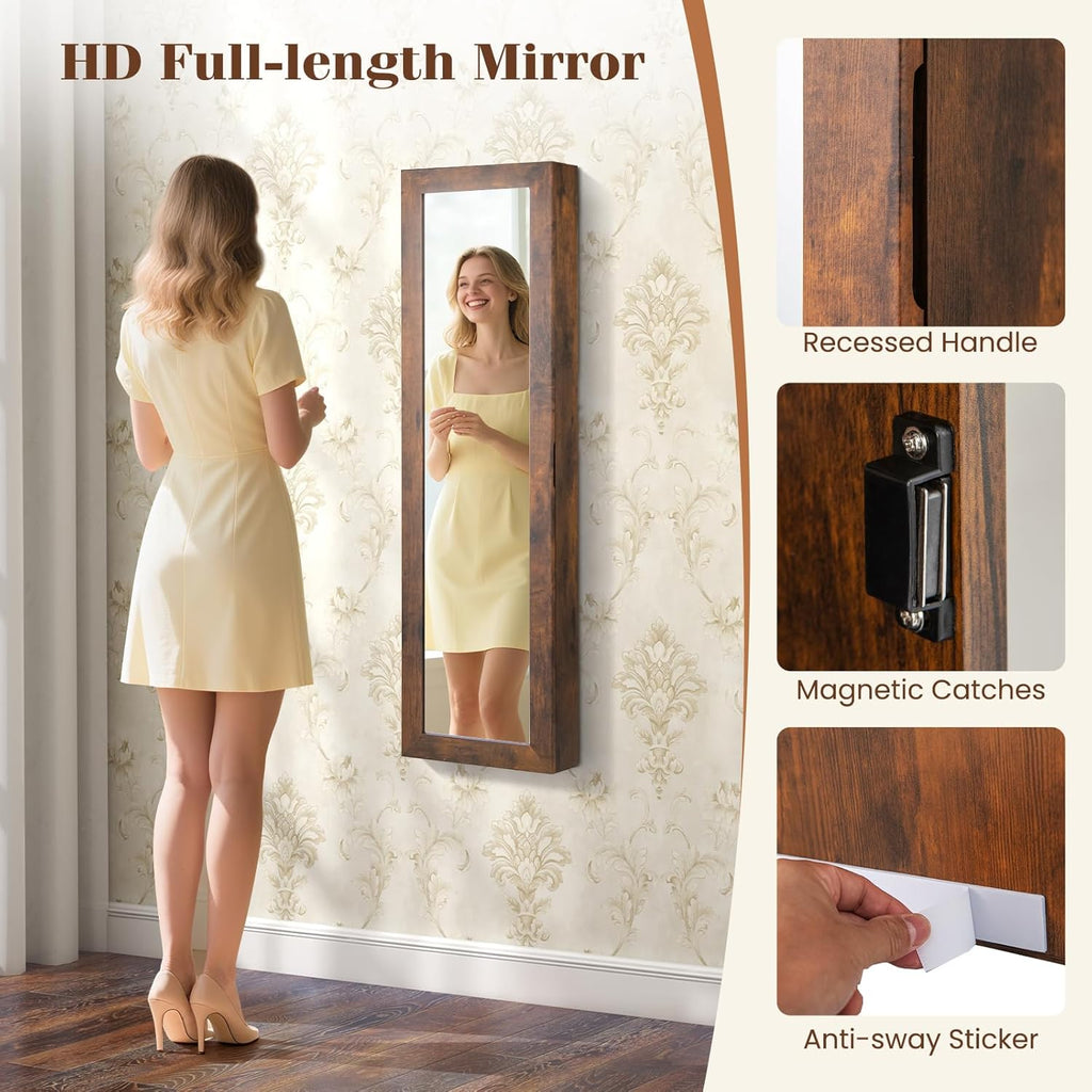 Giantex Wall or Door Mounted Jewelry Cabinet with Full Length Mirror, Over The Door Jewelry Armoire Organizer with Lights, Large Storage with Necklace Hooks, Earring Slots & Shelves (Rustic Brown)
