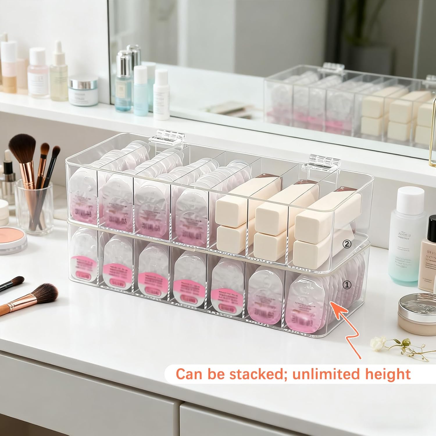 2 Pack Clear Acrylic Makeup Organizers, 7-Section Bathroom Organizer for Drawer, Cosmetic Display Cases with Lid, Blushes Highlighters Eyeshadow Powder Makeup Organizer Holder Storage