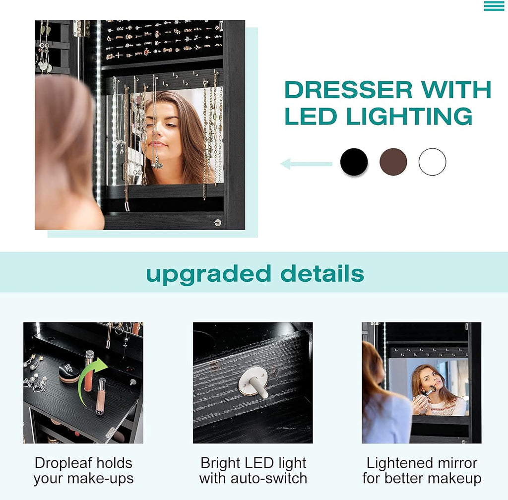 CHARMAID LED Strip Jewelry Armoire with 47.2" H Full Length Mirror, Wall/Door Mounted Jewelry Organizer with Built-in Mirror, Flip-over Cosmetic Tray, 4 Drawers, Large Storage Jewelry Cabinet (Black)