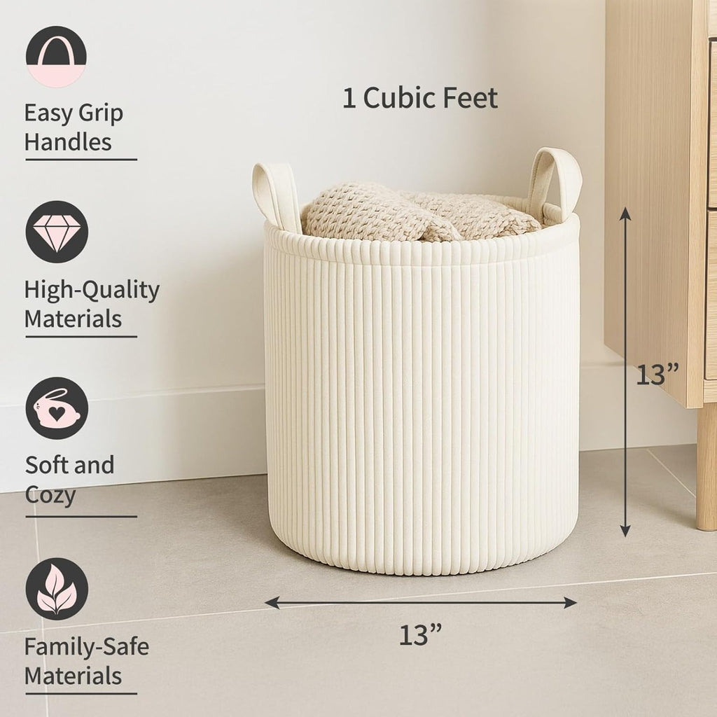 PUTSKA Blanket Basket – Round Storage for Toys and Blankets, Clothes, Stuffed Animals – Soft Baby Girl Basket for Nursery, Kids Room, Bedroom, Living Room – Regular, Cream