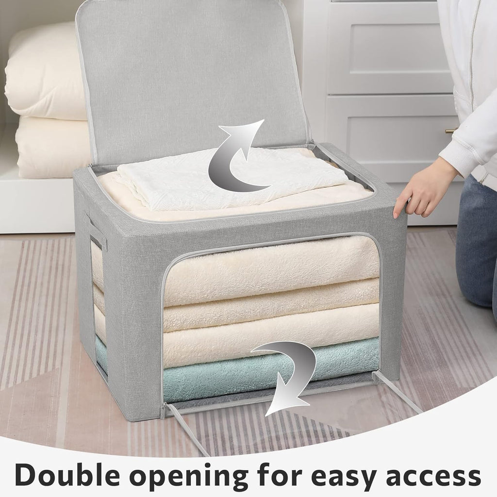 FHSQX 2 Pack Clear Window Storage Bins - Large Stackable Linen Fabric Storage for Clothes Foldable Container Organizer Set with Carrying Handles (Light Gray, 15.7x 11.8x 11.7 Inch)