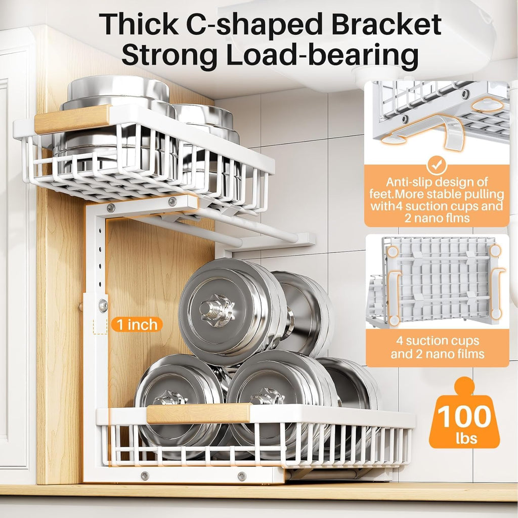 (Small Version)1 Pack Under Sink Organizer,Adjustable Height,2 Tier Pull Out Under Cabinet Organizer,Slide Out Thickened Metal Under Sink Storage for Kitchen Bathroom Laundry Cabinet Pantry,White