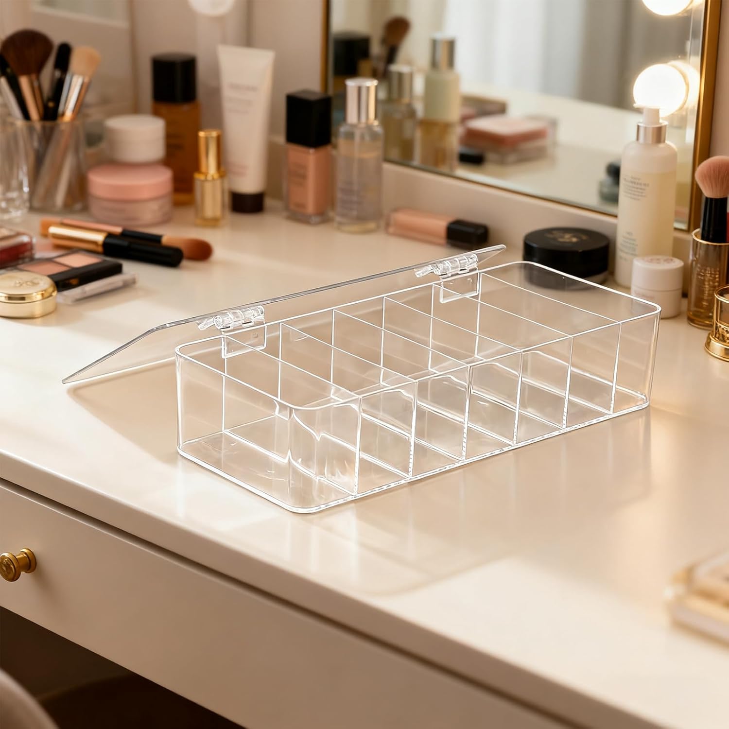 Clear Acrylic Makeup Organizers, 7-Section Bathroom Organizer for Drawer, Cosmetic Display Cases with Lid, Blushes Highlighters Eyeshadow Powder Makeup Organizer Holder Storage