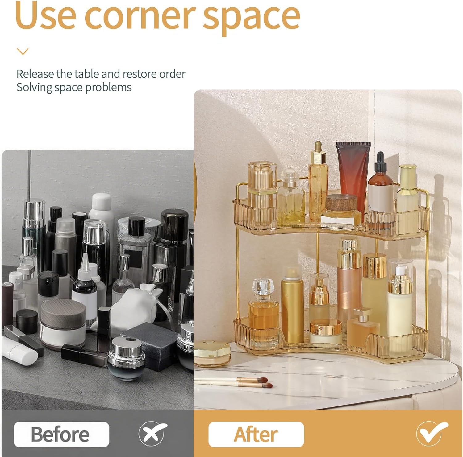 Corner Bathroom Countertop Organizer, Vanity Organizer Trays for Counter, Makeup Organizers, Perfume Tray, Skincare Shelf Storage Gifts for Women Girl Student (Yellow, 2 Tiers)