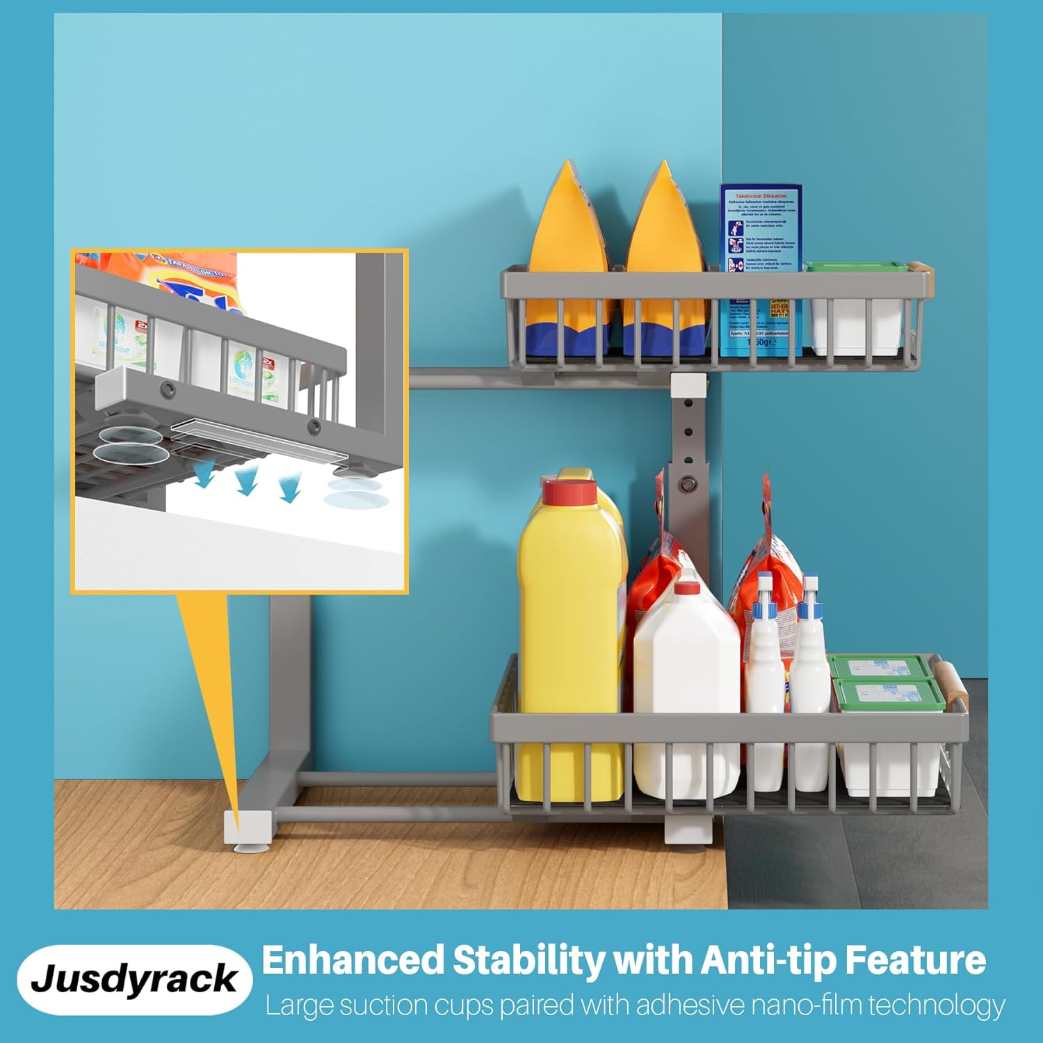 1 Packs 2 Tier Grey Under Sink Organizer,Under Sink Organizers and Storage, Slide Out Pull Out Cabinet Organizer Shelf, Metal Sliding Drawer for Kitchen Bathroom Cabinet Organization Rack