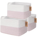 COMFY-HOMI 3PACK Cotton Rope Square baske with Handles for Shelves|Dog Toy baske Bin and Storage|Baby baske for Gift|Shoe baske for Organizing|13.5" x 11" x 9.5" for Living Room（White/Pink）